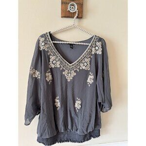 Alfani Woman Size 2X Blue Gray Embroidered Top Mesh Overlay Sequins